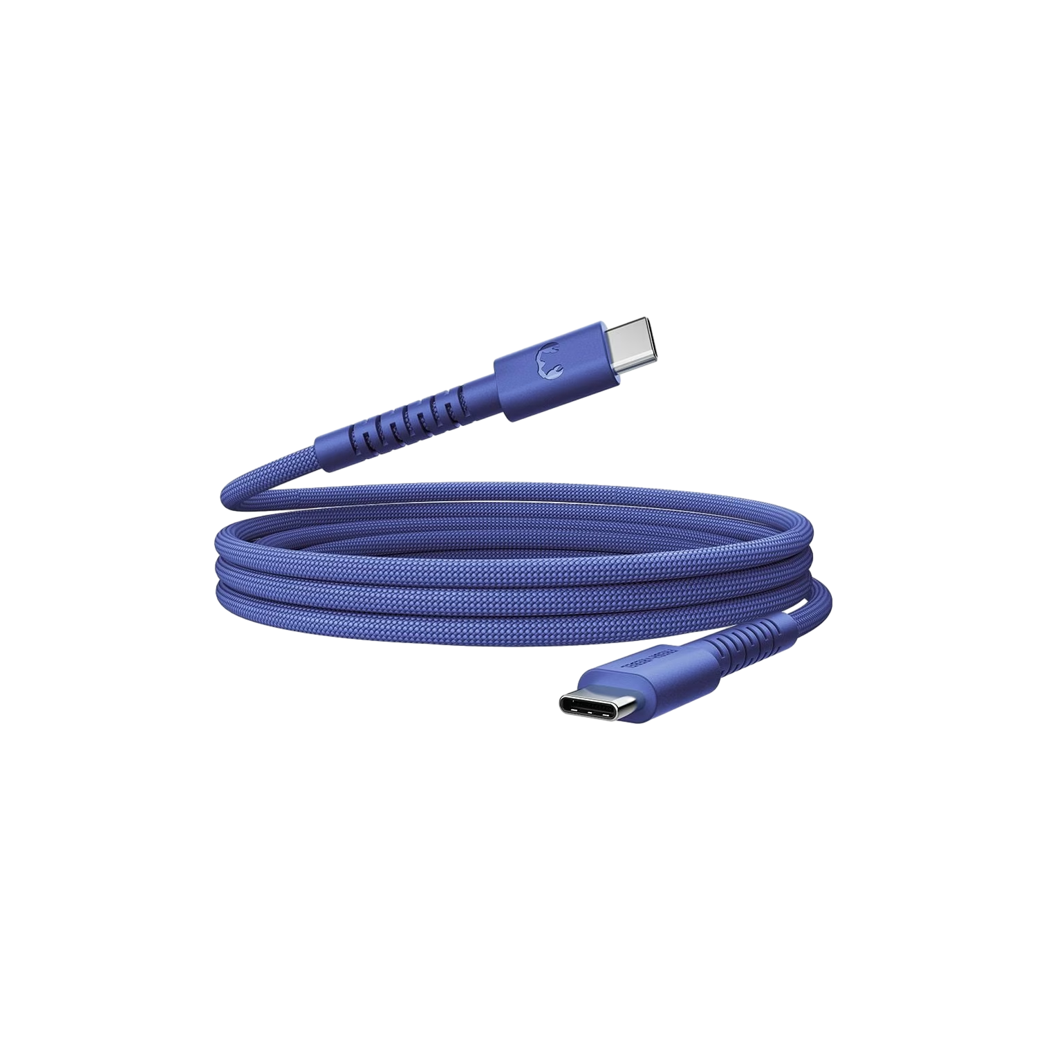 Een blauwe USB-C-kabel met een gevlochten ontwerp. De kabel is opgerold tegen een zwarte achtergrond. Beide uiteinden zijn zichtbaar.