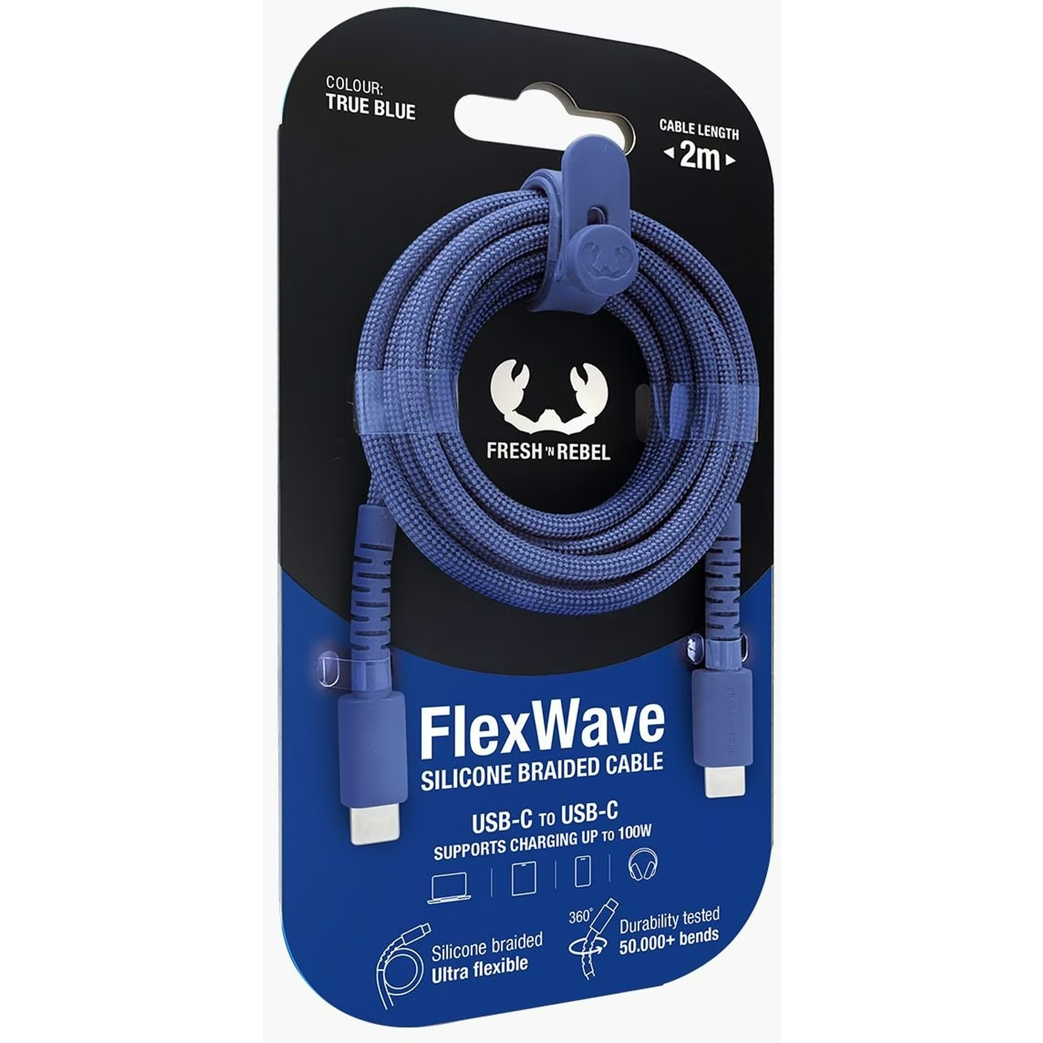 Een blauwe USB-C gevlochten kabel op een verpakking. De verpakking zegt FlexWave, ondersteunt opladen tot 100W en is ultra flexibel.