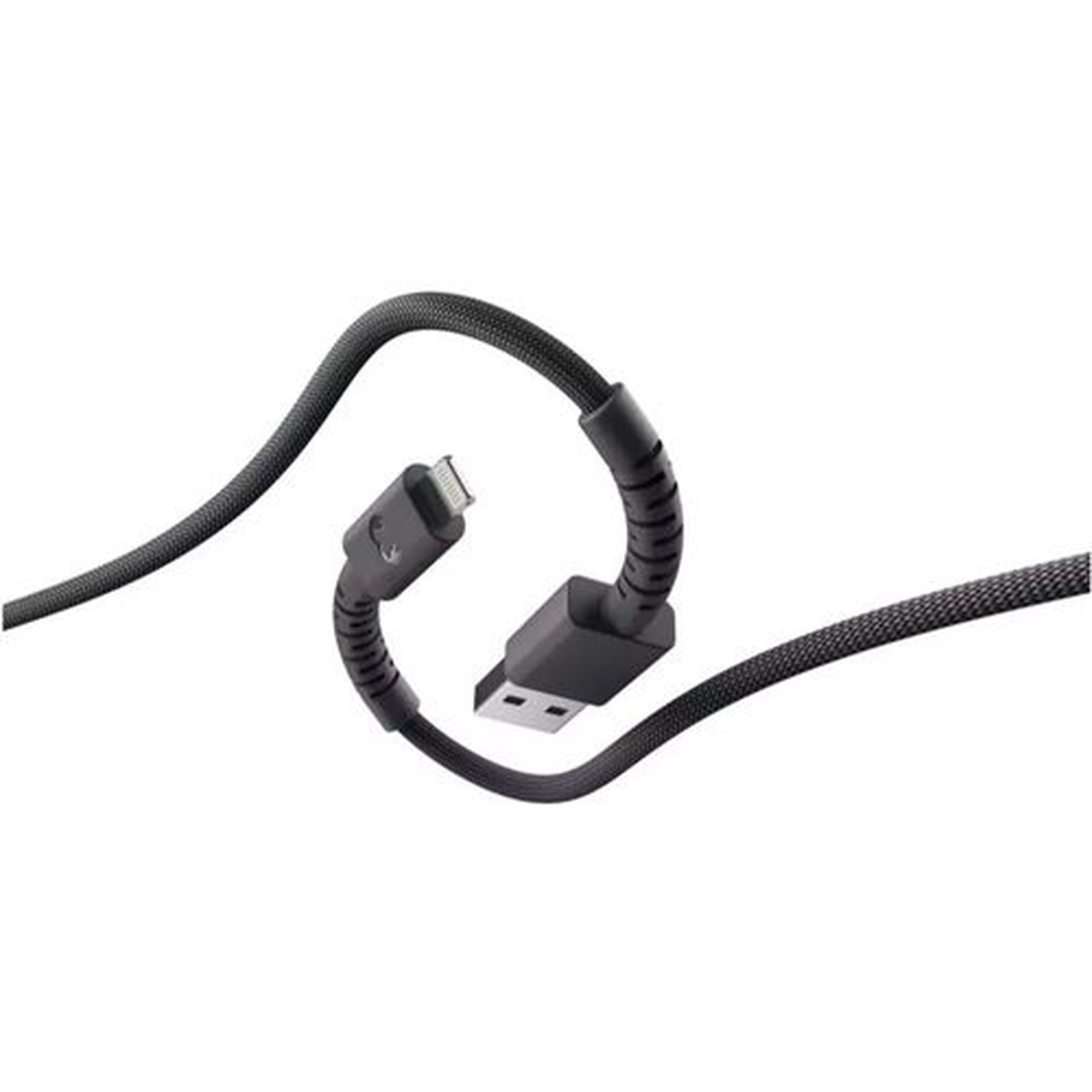 A black USB cable with a USB-A and a Lightning connector. The cable is bent in a loop, against a white background.