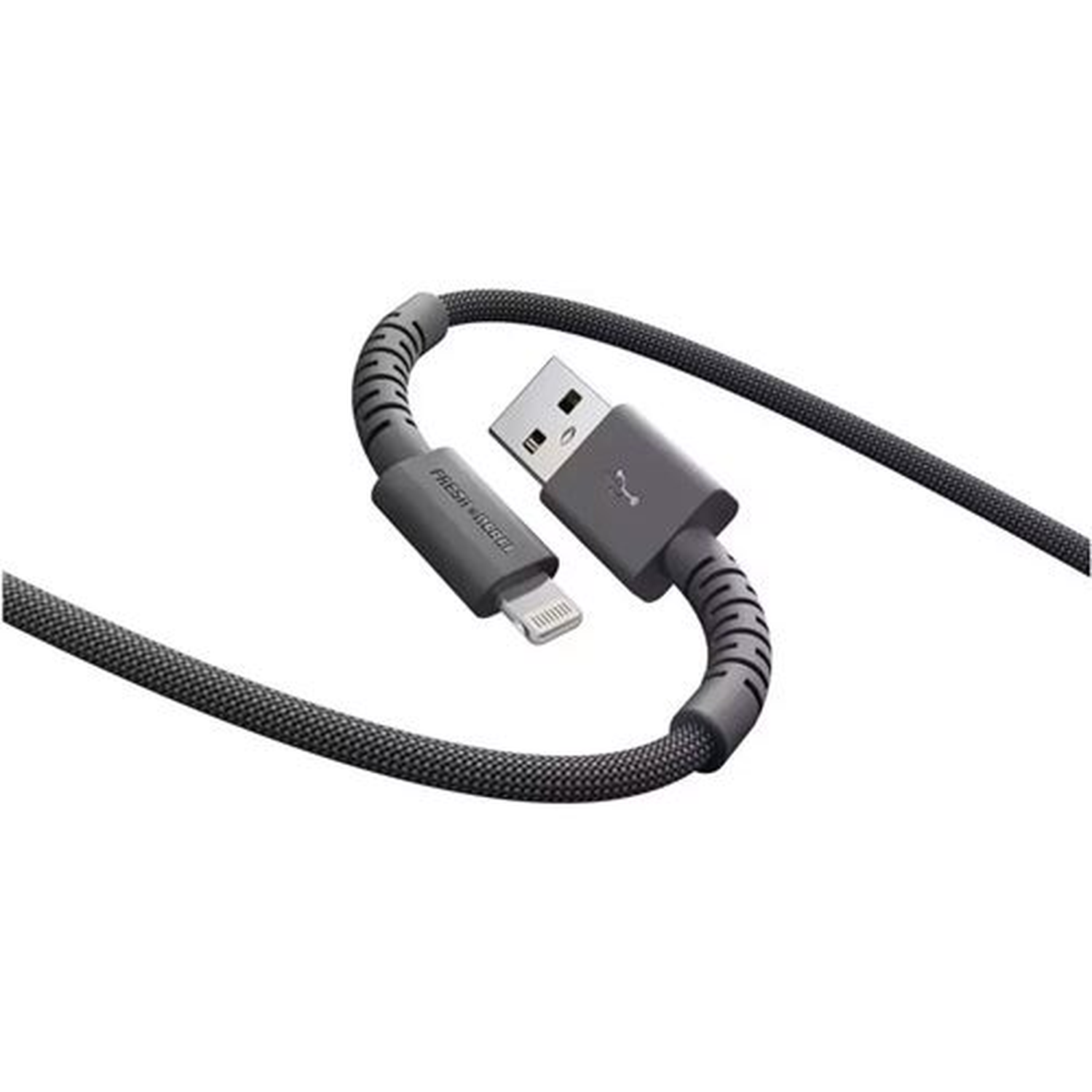 A gray Fresh Rebel charging cable with USB and lightning connectors. The cable is textured and curves in an S-shape.