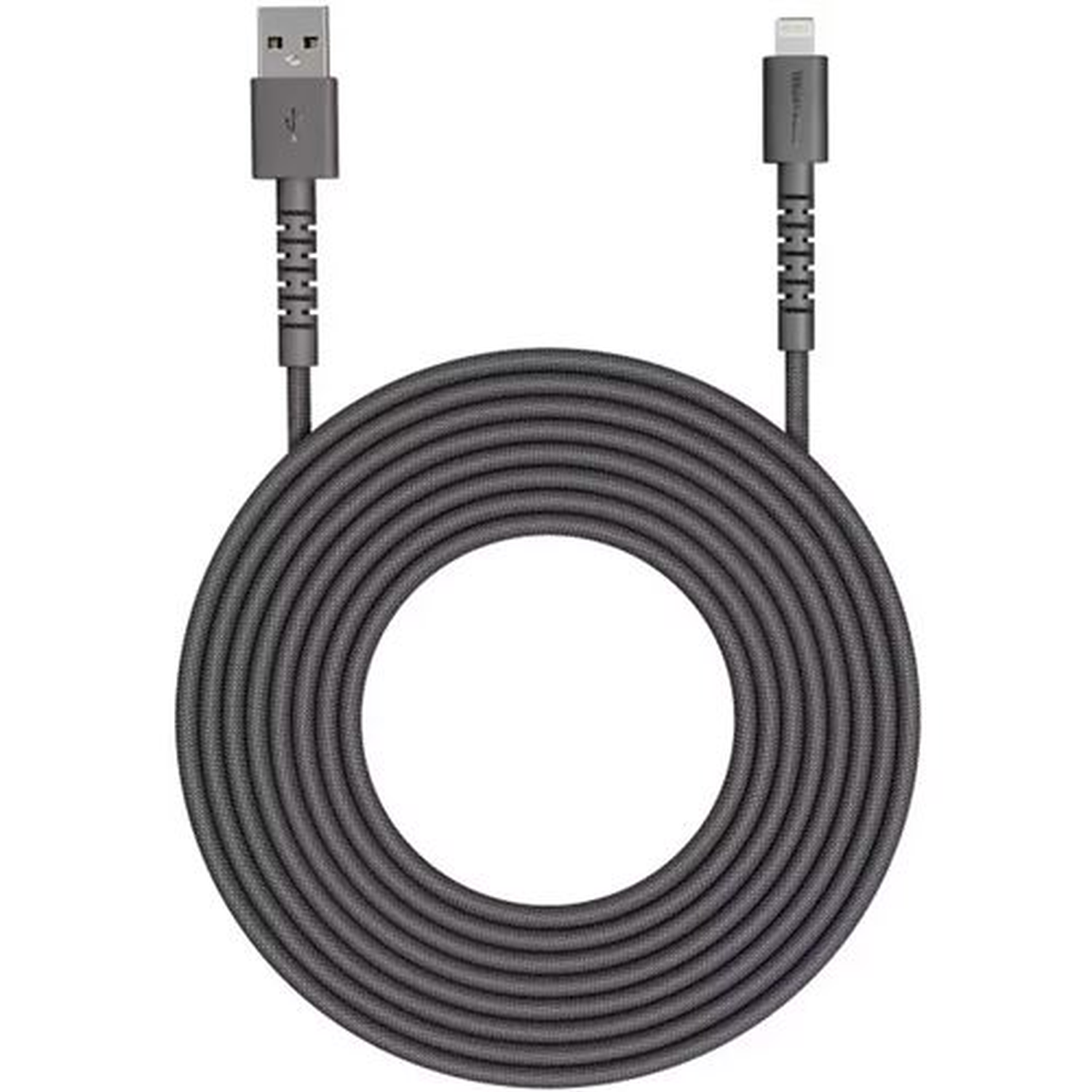 A gray USB charging cable coiled in a circle. One end has a USB connector, the other a Lightning connector.