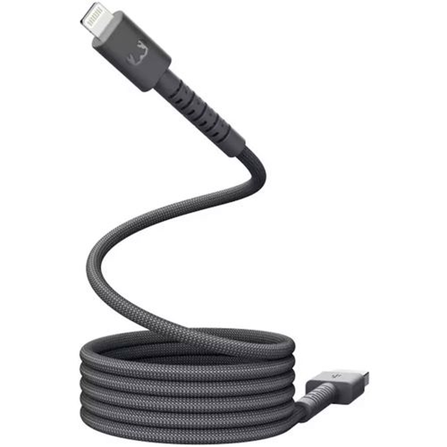 A coiled gray charging cable with a USB and a lightning connector. The cable has a braided texture.