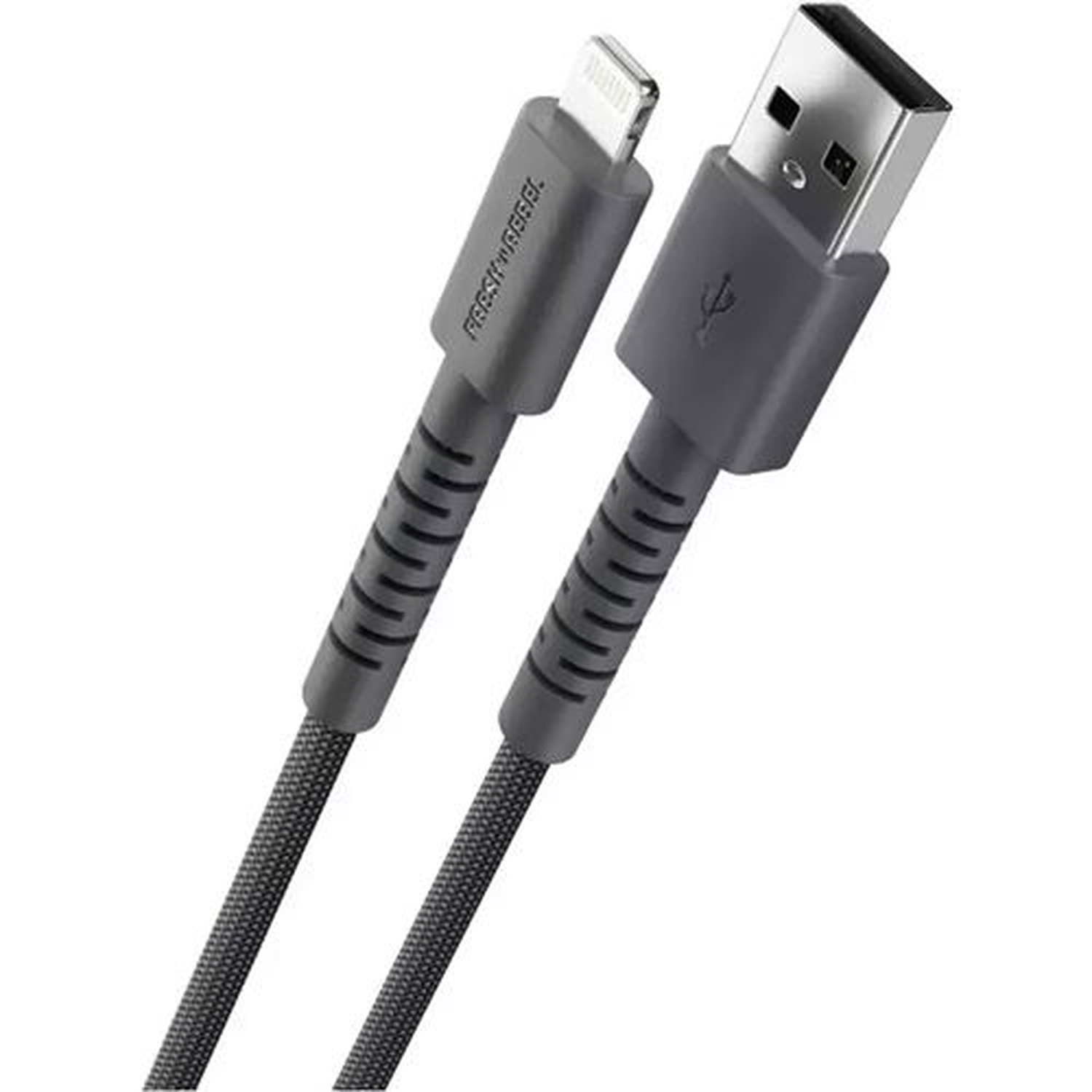 A gray USB charging cable with a lightning connector and a USB connector is shown against a white background.