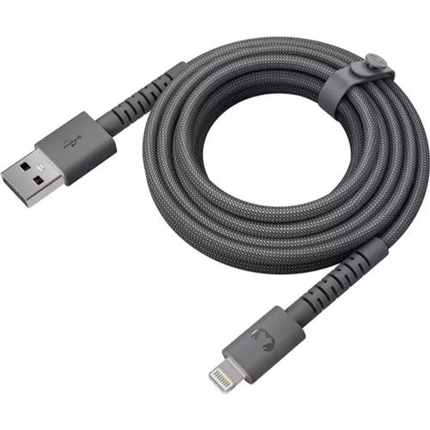 A gray USB charging cable, coiled, with a USB and a lightning connector. The cable is secured with a gray strap.