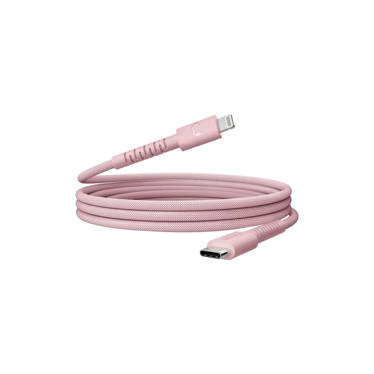 A pink braided charging cable with a lightning connector and a USB-C connector, against a black background.