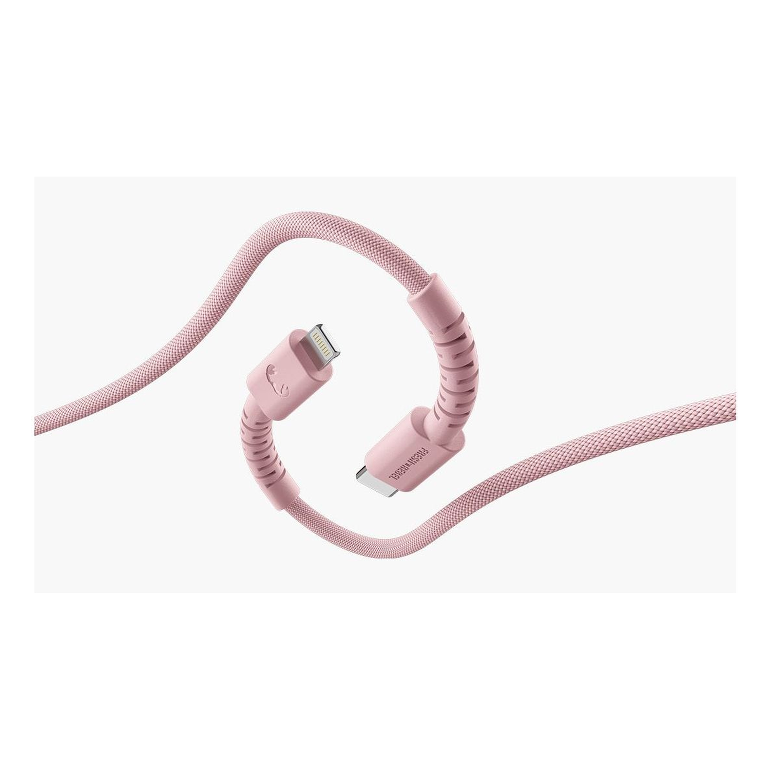 Pink braided charging cable with two connectors. One is a lightning connector, the other is a USB-C. White background.
