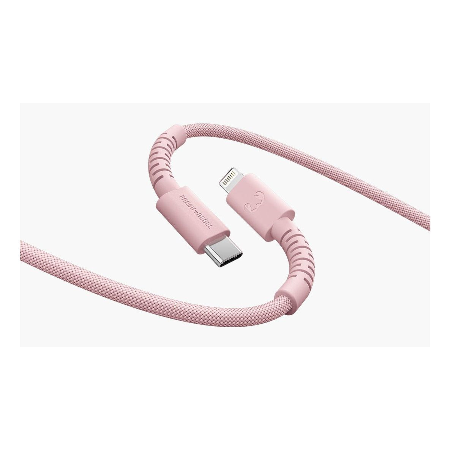 Pink Fresh 'n Rebel charging cable. USB-C to Lightning cable. White background. Braided cable. S-shaped arrangement.