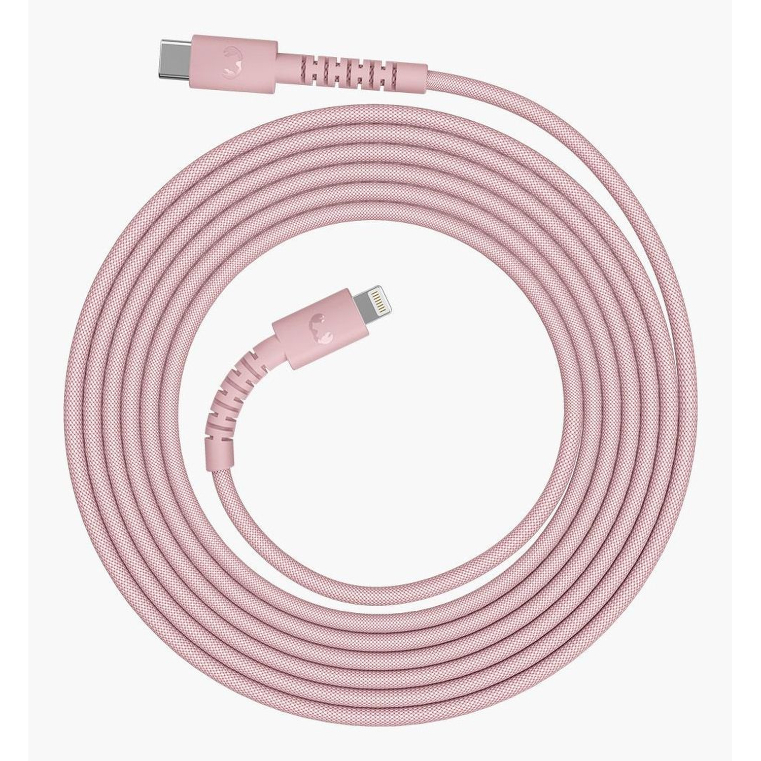 A pink USB-C to Lightning cable is coiled. Connectors are at the top and bottom. The cable is a textured, woven fabric.
