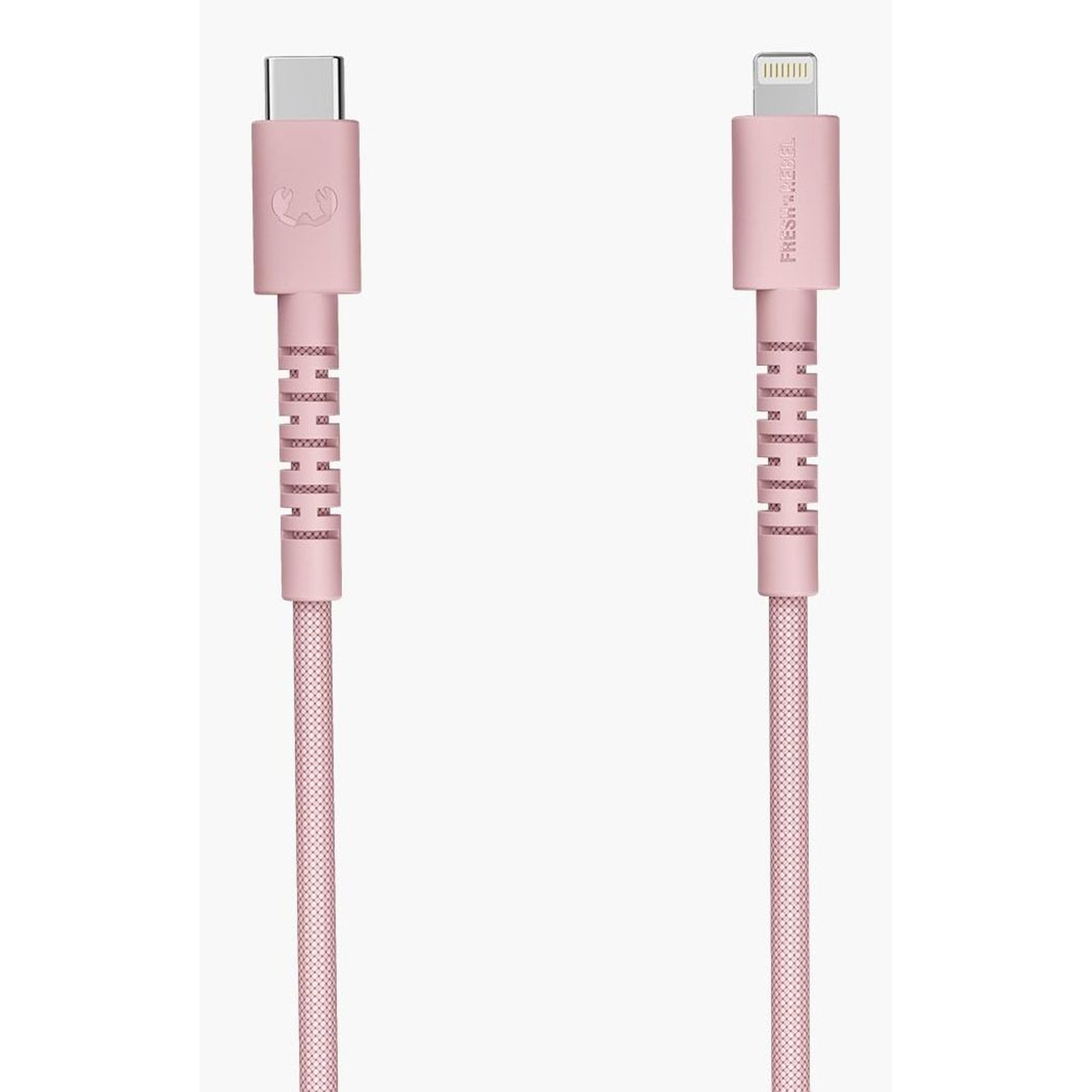 Pink USB-C to Lightning cable.  The cable has a pink mesh cord. The connectors are pink and silver.
