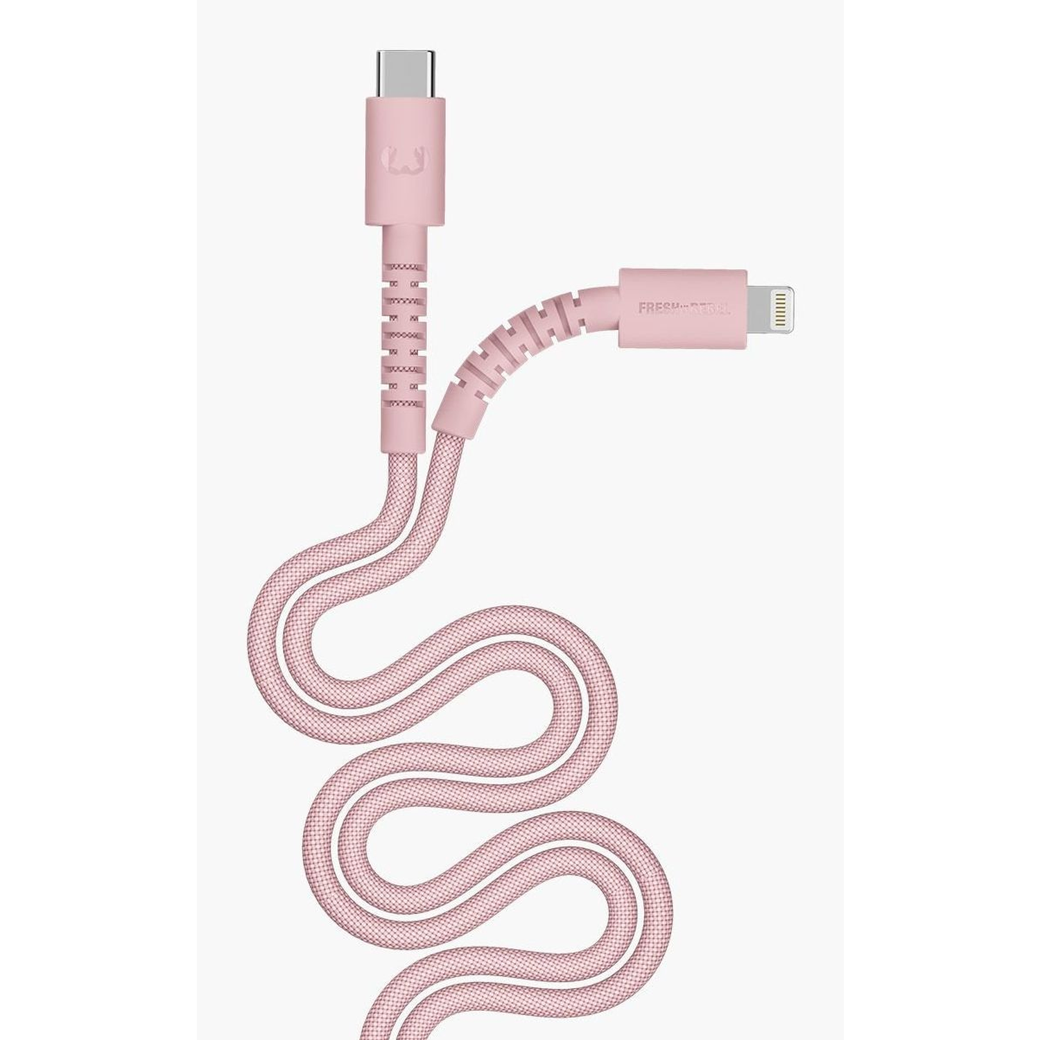A pink Fresh 'n Rebel charging cable with USB-C and Lightning connectors, coiled on a white background.