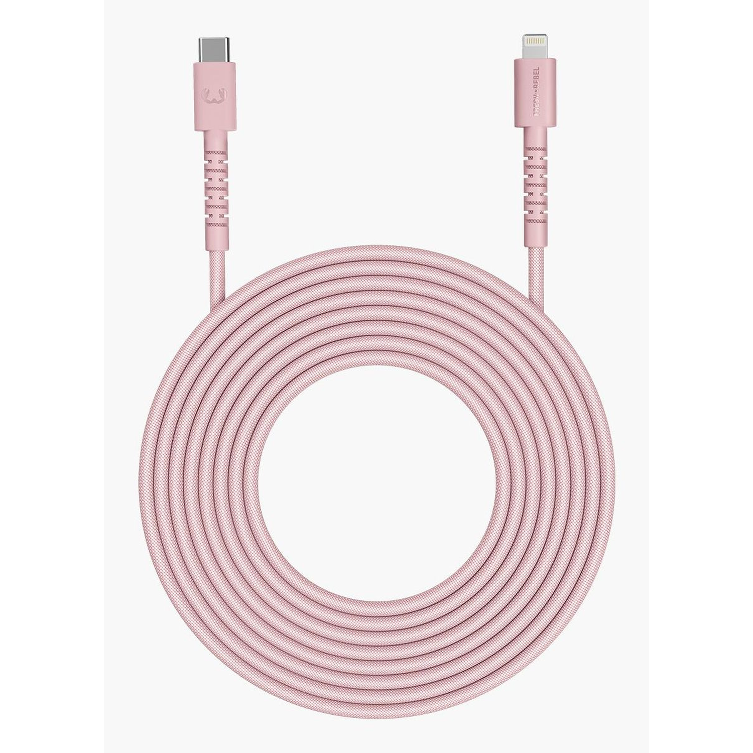 Pink charging cable with a USB-C and Lightning connector. The cable is coiled into a circle. White background.