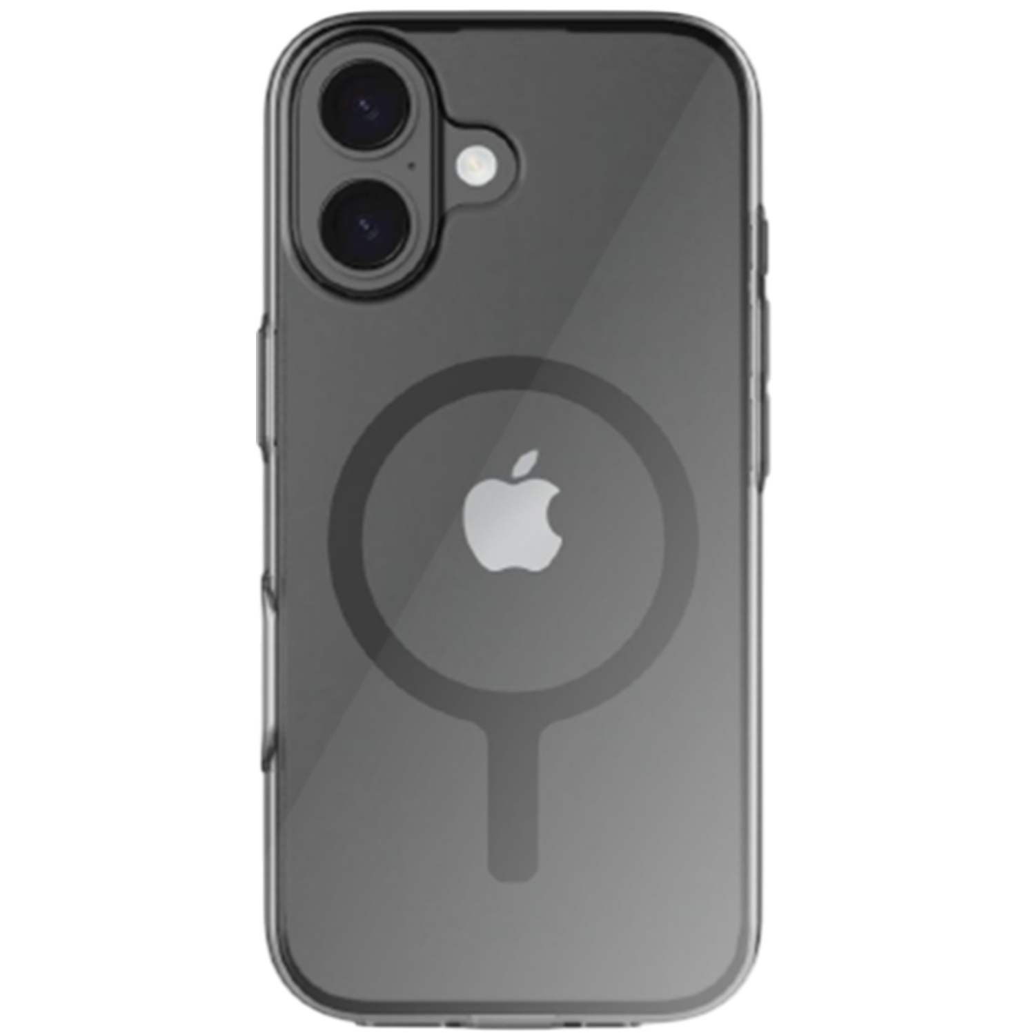 Transparante iPhone-hoes. Dubbele cameralenzen bovenaan. Apple-logo in het midden. Magnetisch cirkelontwerp. Transparant materiaal.
