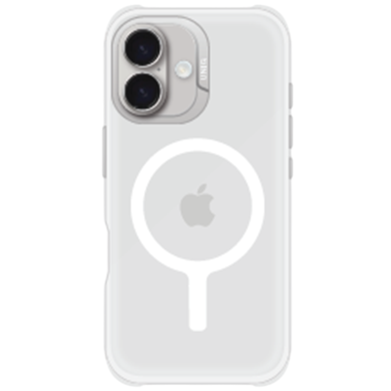Witte iPhone-hoes met een doorzichtige achterkant, Apple-logo en magnetische ring. Bevat dubbele cameralenzen en zijknoppen.