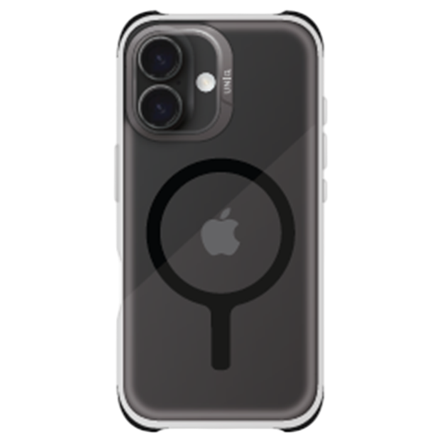 Transparante telefoonhoes met een donkergrijze achterkant. Het heeft twee camera's en een MagSafe-ring met een Apple-logo.