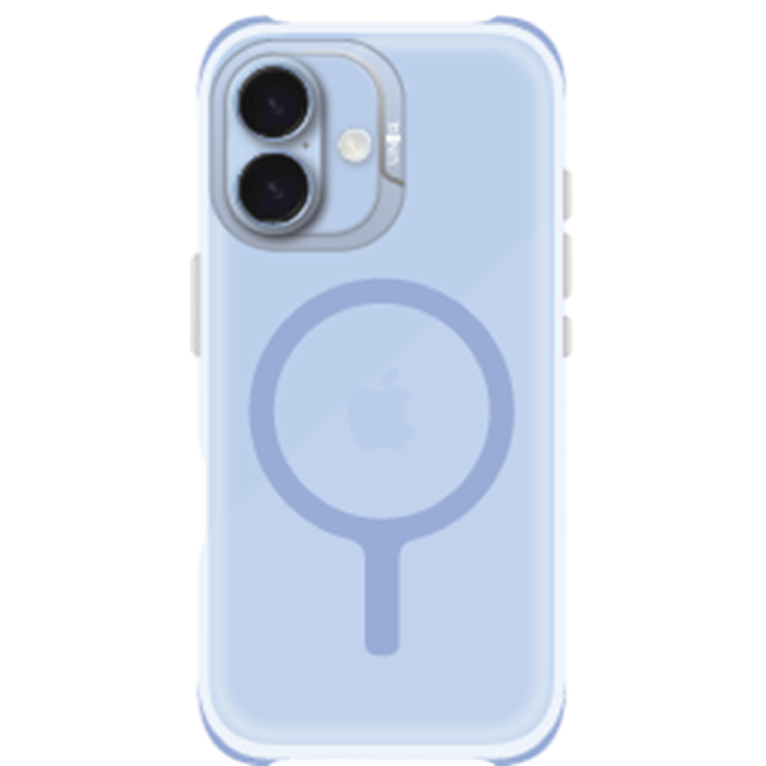 Une coque iPhone bleu clair avec un dos transparent. Elle a un design de chargement magnétique circulaire et le logo Apple. La coque a également des lentilles de caméra.