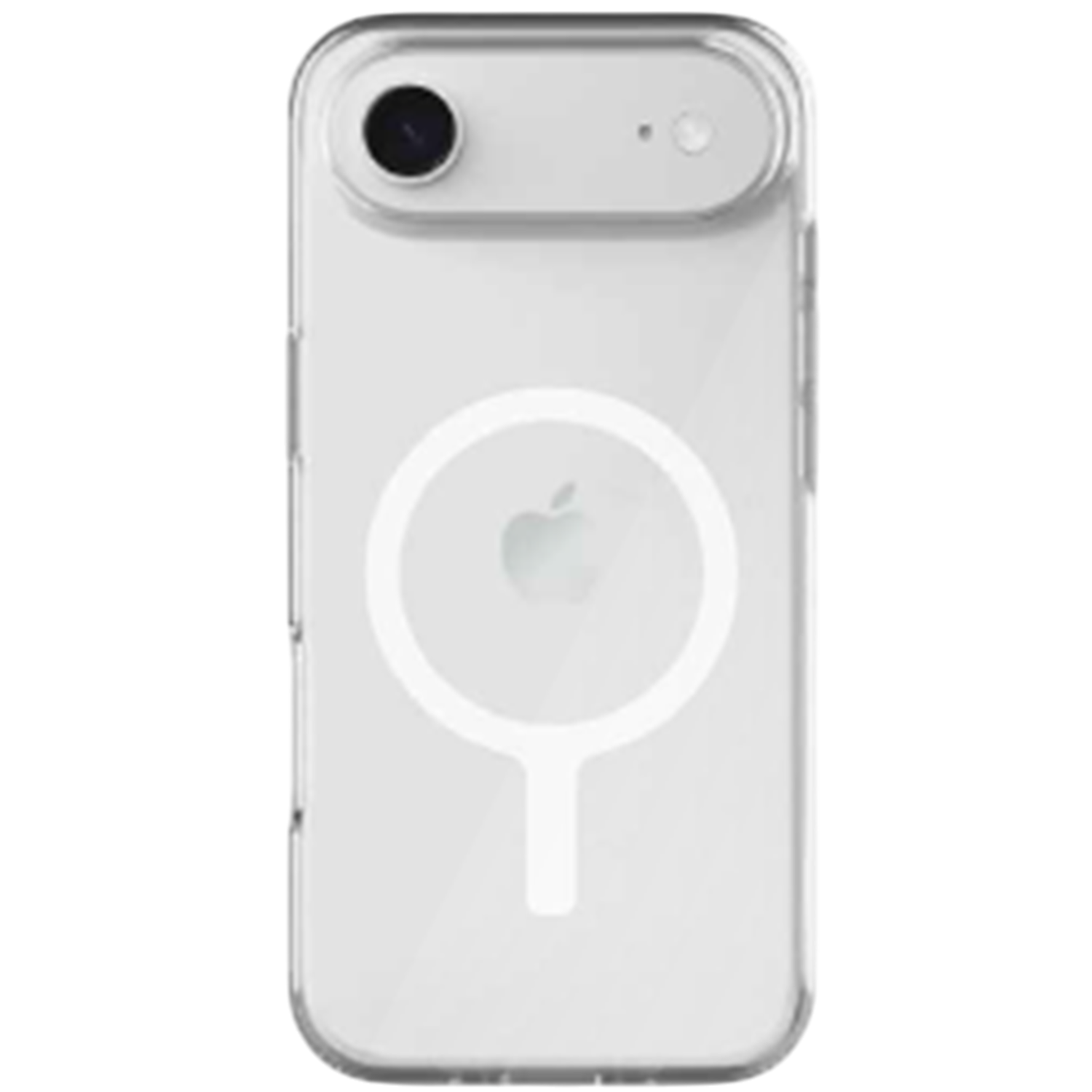 Een transparante telefoonhoes met een MagSafe-ring en een Apple-logo. De camera en flitser zijn zichtbaar bovenaan. De achtergrond is zwart.
