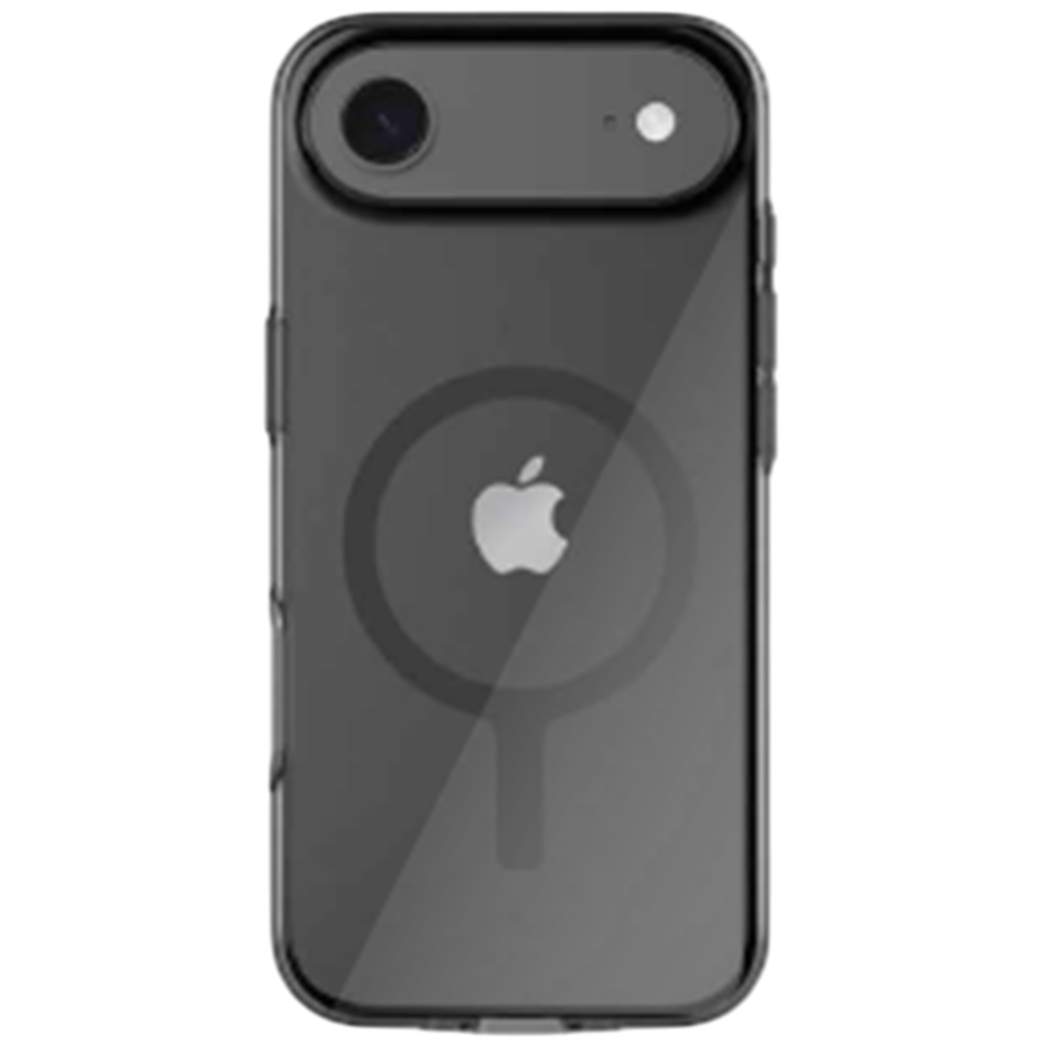 Une coque de téléphone transparente sur fond noir. Elle comporte un appareil photo et le logo Apple, avec un contour de charge magnétique circulaire.