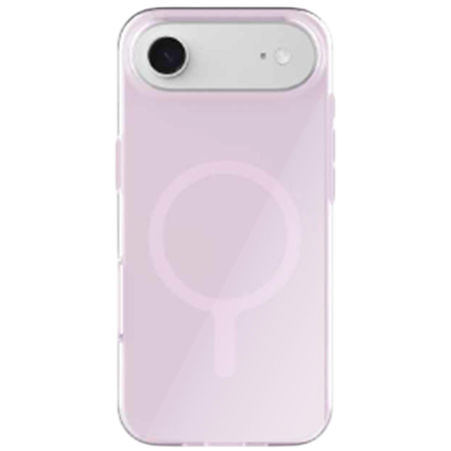 Een roze telefoonhoesje met een doorzichtige rand. Het heeft een uitsparing voor de camera, een cirkelvormige MagSafe-omtrek en een wit bovenstuk.