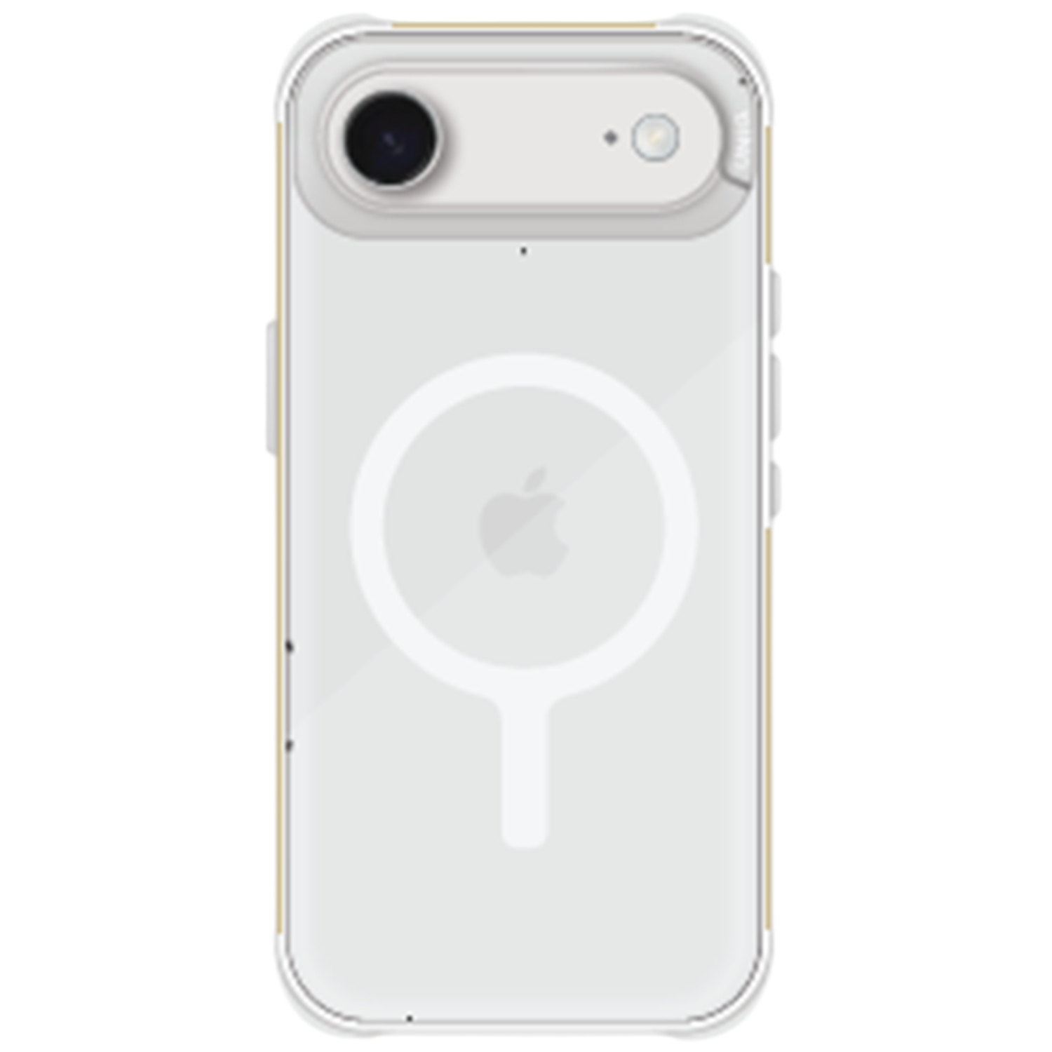 Transparante telefoonhoes met wit Apple-logo, camera en oplaadring. De hoes heeft een gele en witte rand.