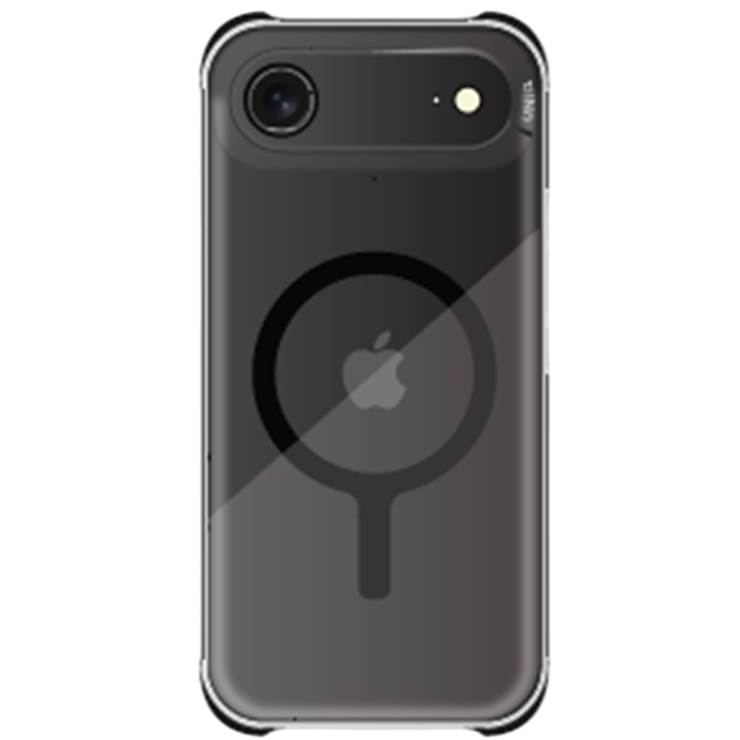 Een telefoonhoesje op een zwarte achtergrond. De hoes heeft een transparante rand. De achterkant toont het Apple-logo en een magnetische ring.