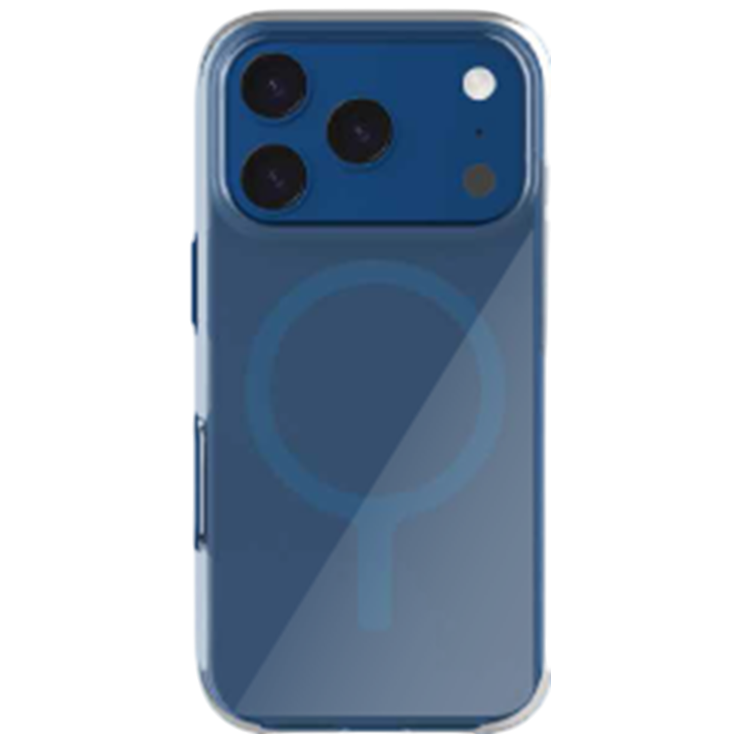 Een transparante telefoonhoes met een blauw camera gedeelte, drie lenzen en een cirkelvormig ontwerp op de achterkant, tegen een zwarte achtergrond.
