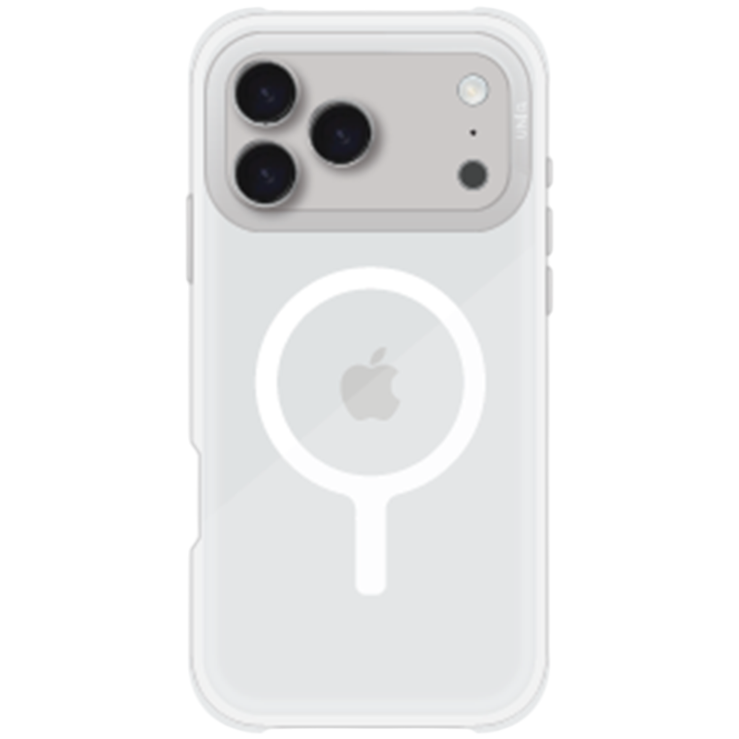 Een witte iPhone in een doorzichtige hoes. Zichtbaar zijn de cameralenzen, flitser en het Apple-logo met een cirkelvormig ontwerp.