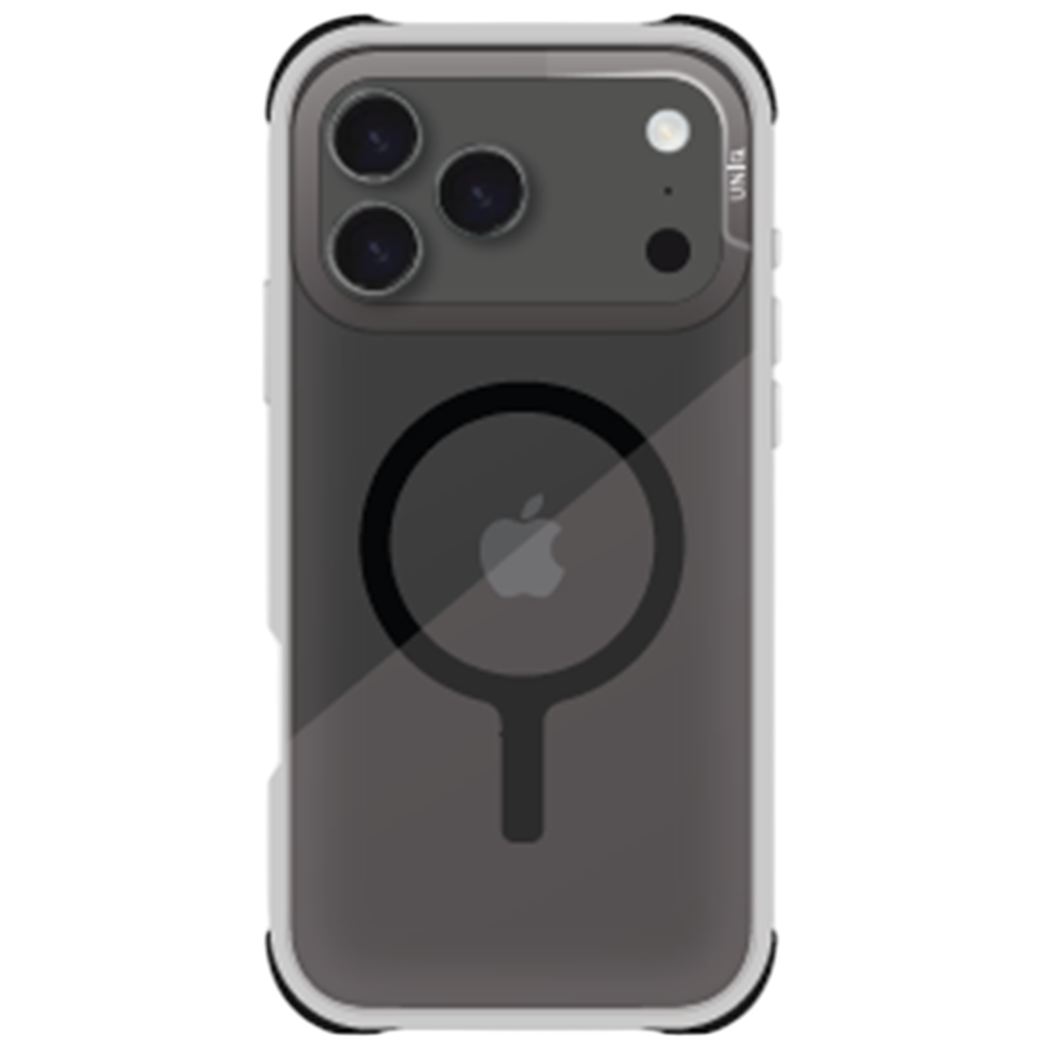 Transparante telefoonhoes met een iPhone erin. De telefoon heeft drie lenzen en een MagSafe-ring. Het Apple-logo is zichtbaar.