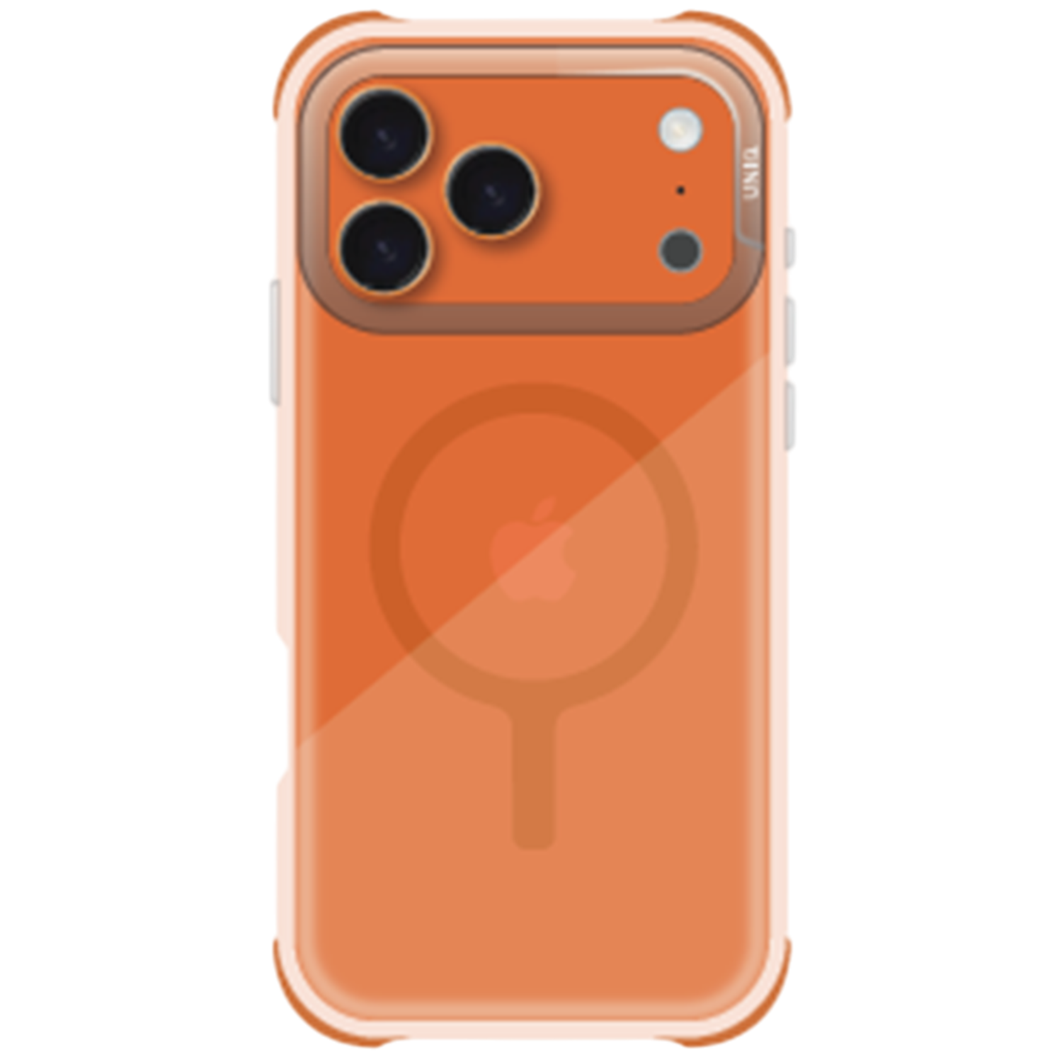 Een oranje iPhone in een doorzichtige beschermhoes. De hoes toont de camera en het Apple-logo van de telefoon. De achtergrond is zwart.