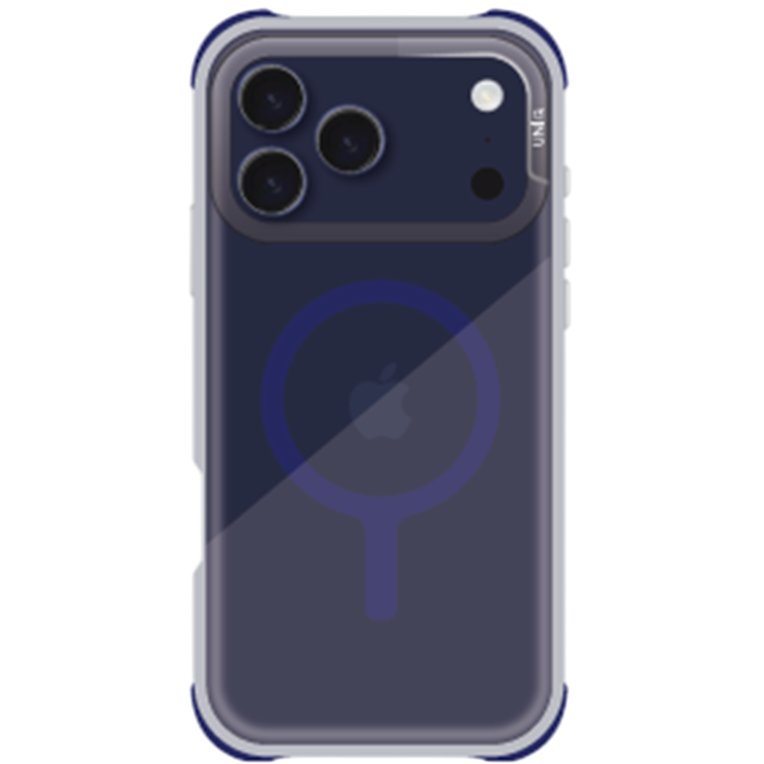 Een telefoonhoesje met een doorzichtige achterkant, een blauw frame en een MagSafe-ring. De telefoon heeft drie camera's. Het Apple-logo is zichtbaar.
