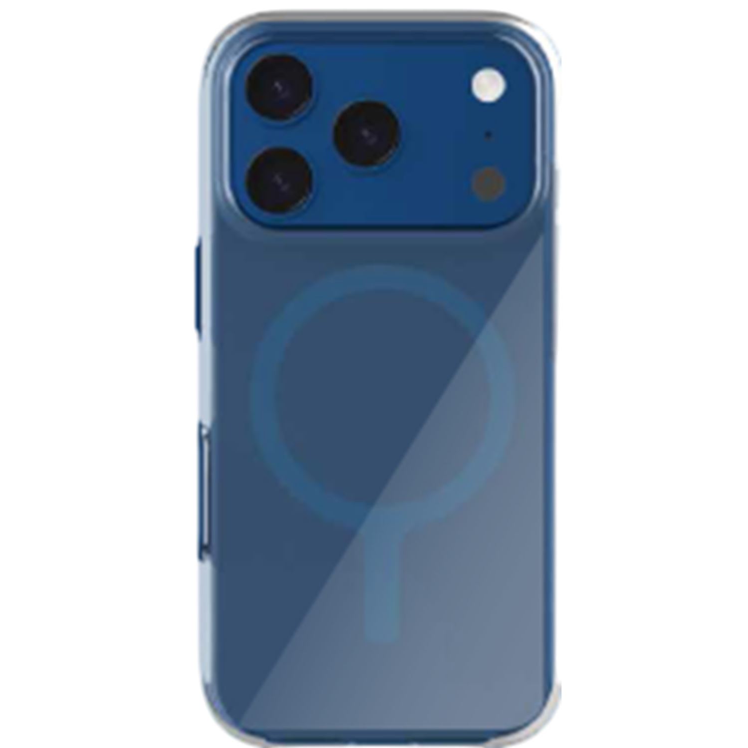 Een doorzichtige telefoonhoes met een blauwe achterkant. Het heeft een cirkelvormig ontwerp aan de achterkant en een camera-array. De achtergrond is zwart.