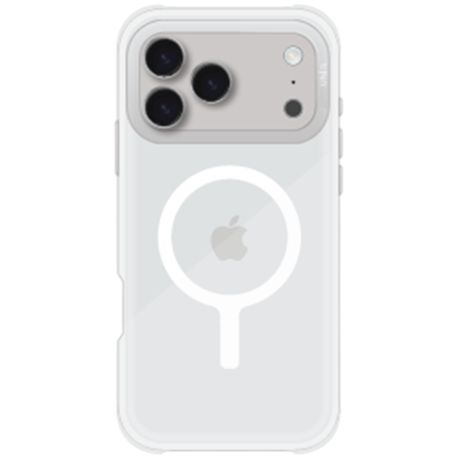 Een witte iPhone-hoes met een doorzichtige achterkant. Het heeft een cirkelvormig MagSafe-ontwerp en het Apple-logo. Het cameragedeelte is grijs.