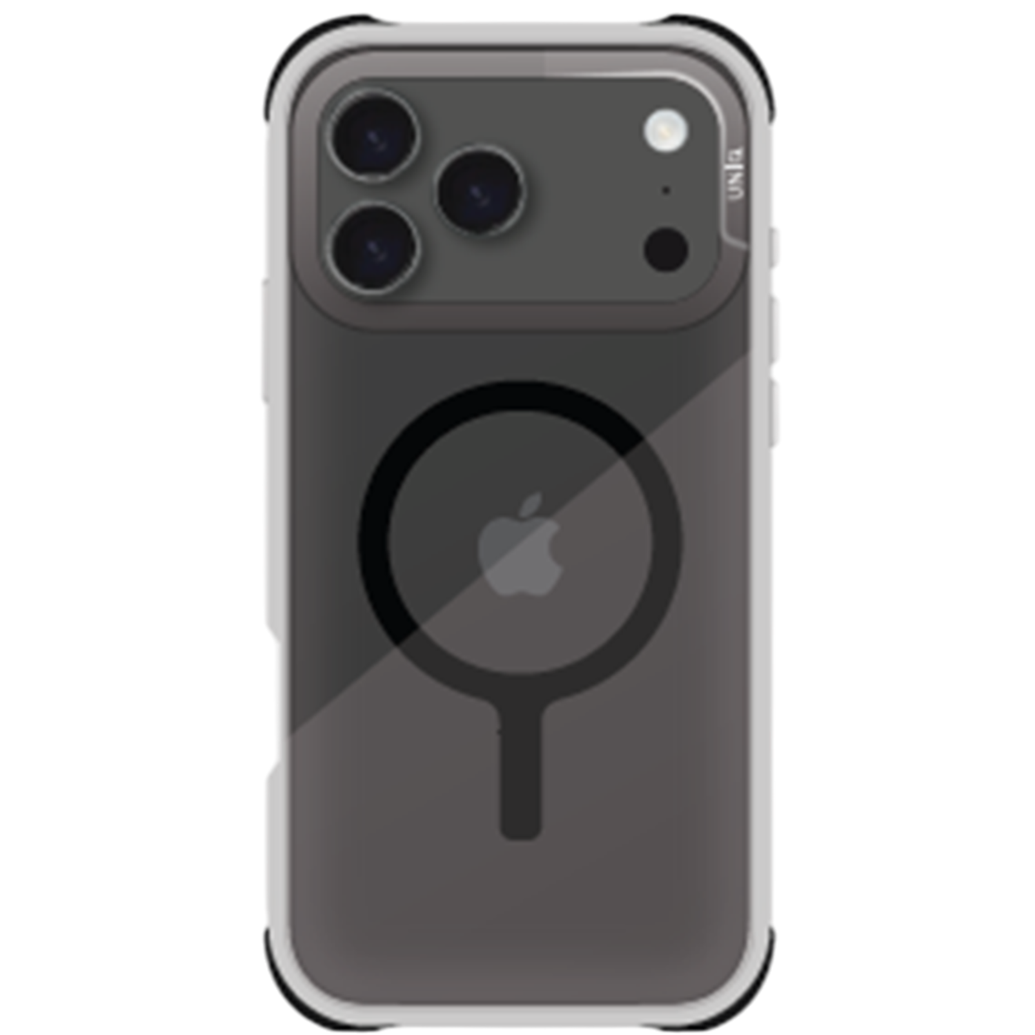 iPhone dans une coque transparente. On voit les lentilles de la caméra, le flash et le logo Apple. La coque a un anneau magnétique.