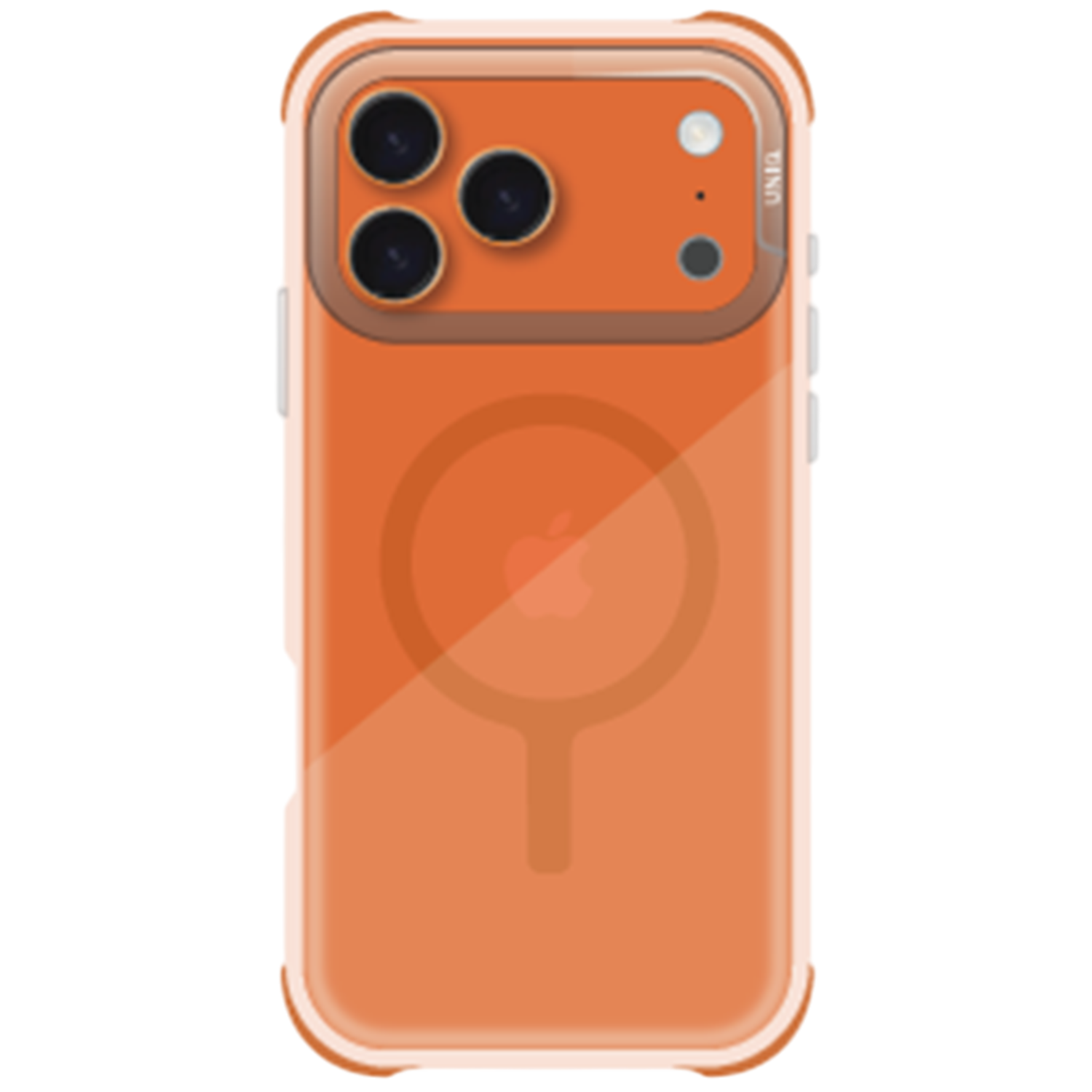 Een oranje iPhone-hoesje met drie cameralenzen wordt weergegeven op een zwarte achtergrond. De hoes heeft een transparante rand en een Apple-logo.
