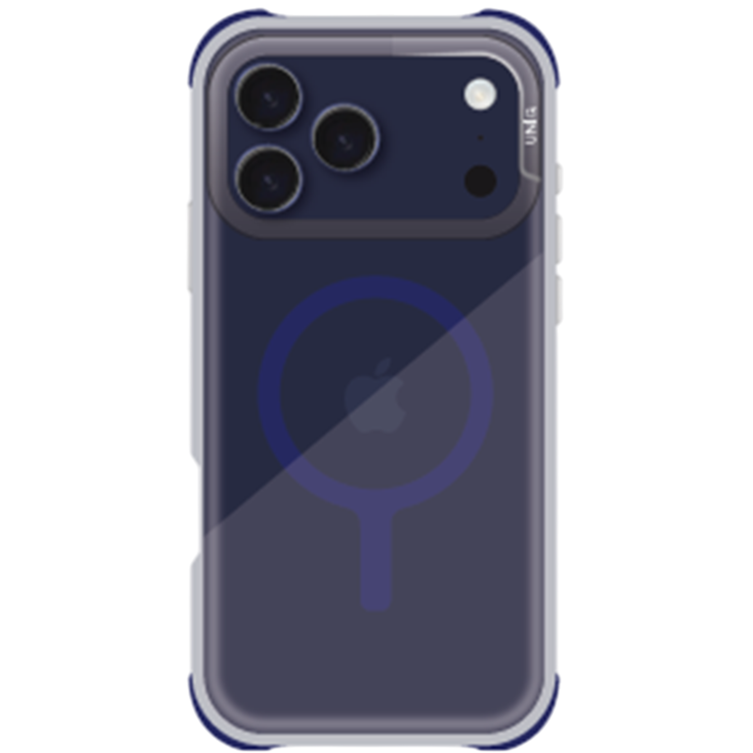 Een donkerblauwe iPhone met een transparante hoes. De hoes heeft een blauwe rand en een MagSafe cirkel.