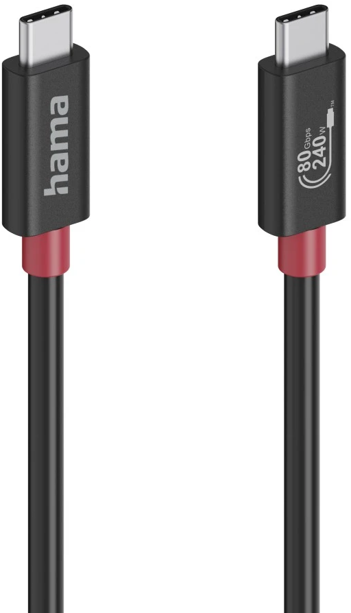 Due cavi USB-C neri con connettori argentati. Uno ha 'hama'. Entrambi hanno dettagli rossi e sfondo bianco.