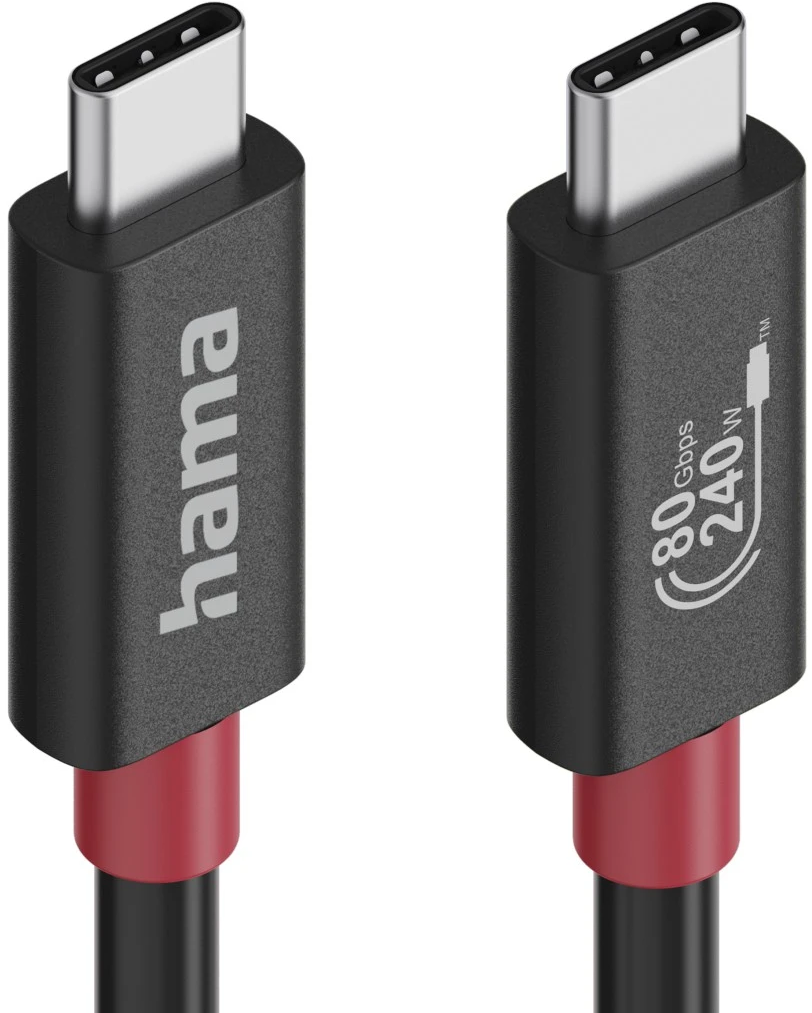 Due cavi USB-C neri con connettori argentati. Uno ha "hama" stampato. Entrambi hanno dettagli rossi e specifiche di alimentazione.