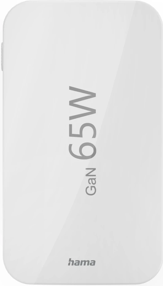 Ein weißes rechteckiges Gerät mit dem grauen Schriftzug "65W GaN". Der Markenname "hama" befindet sich unten.