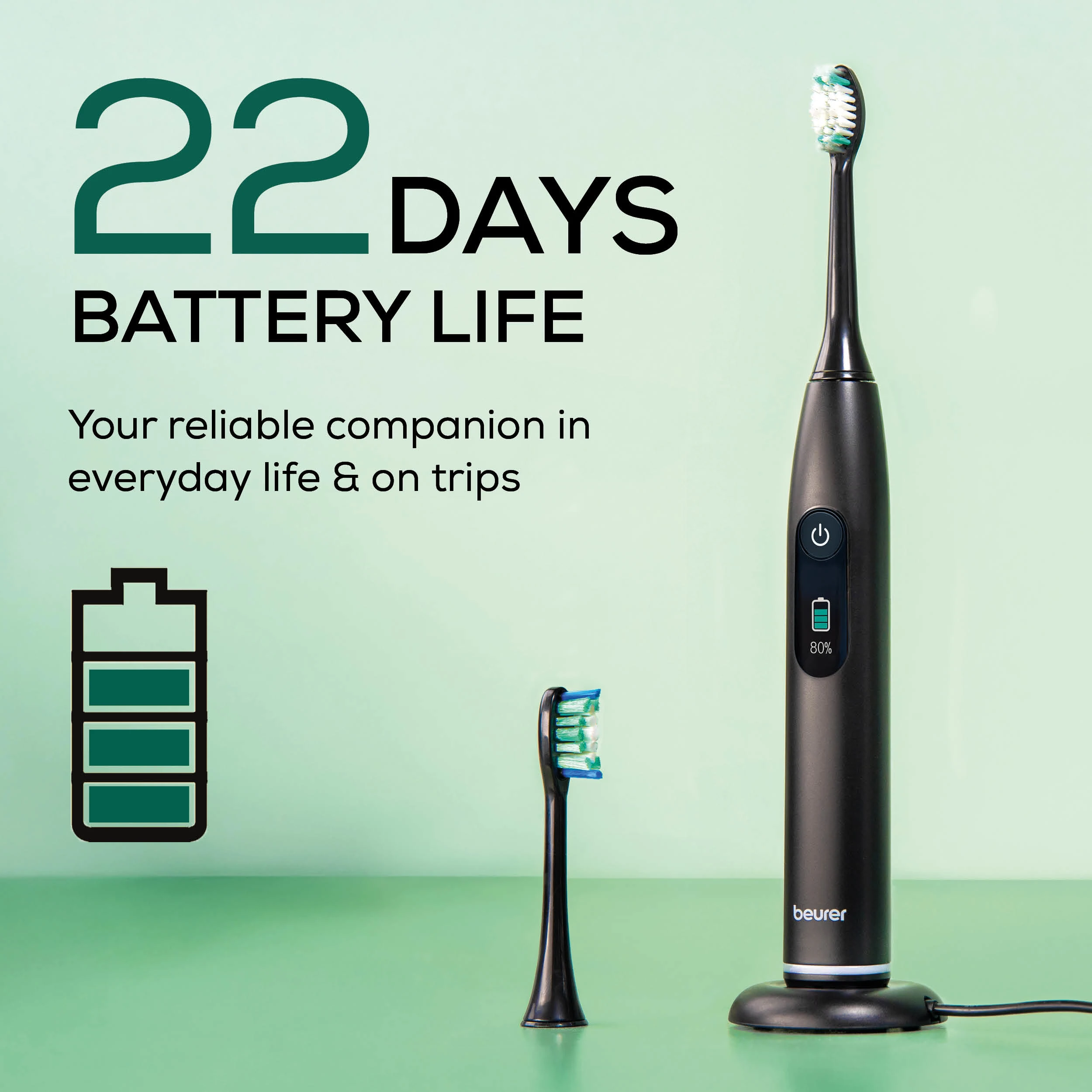 Schwarze elektrische Zahnbürste mit Ersatzkopf. Ein Akkusymbol und der Text '22 DAYS BATTERY LIFE' sind ebenfalls sichtbar.