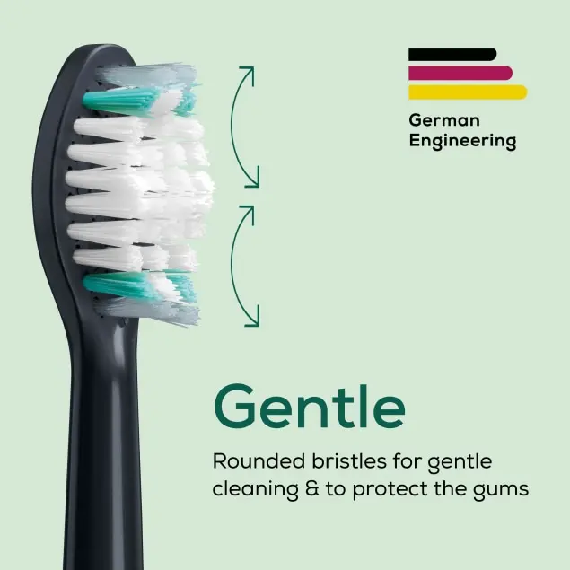 Tête de brosse à dents noire avec poils blancs et verts. Texte 'Gentle' avec icône du drapeau allemand.