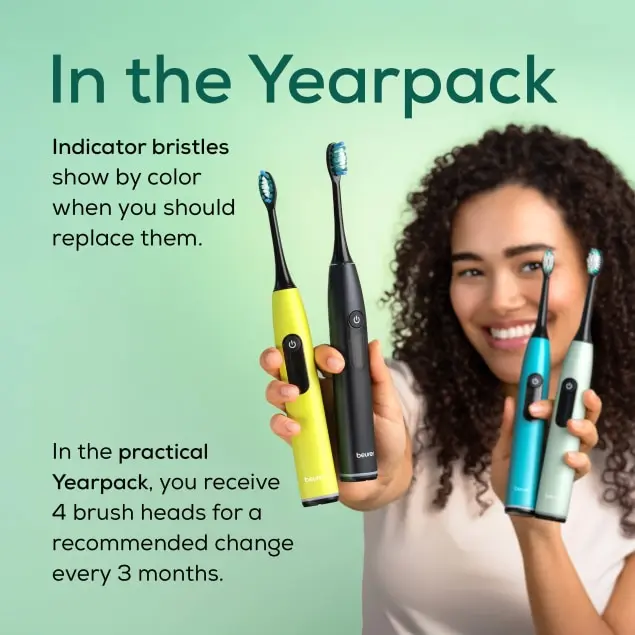 Une femme tient quatre brosses à dents électriques de couleurs variées. Les soies indiquent quand les remplacer. Le Yearpack comprend 4 têtes.