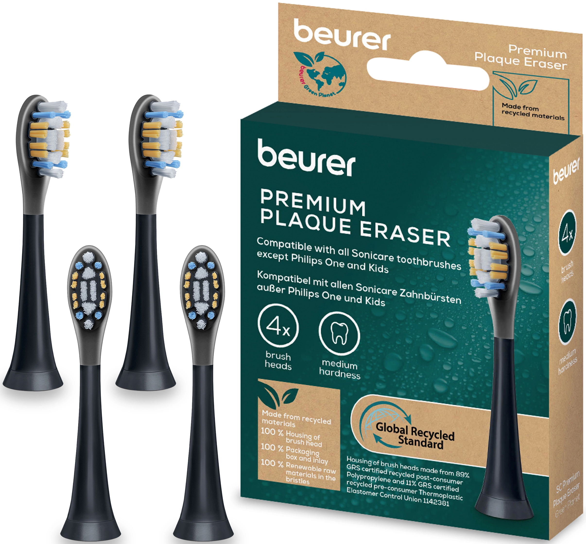 Quatre têtes de brosse à dents noires avec des poils colorés à côté d'une boîte du même produit.