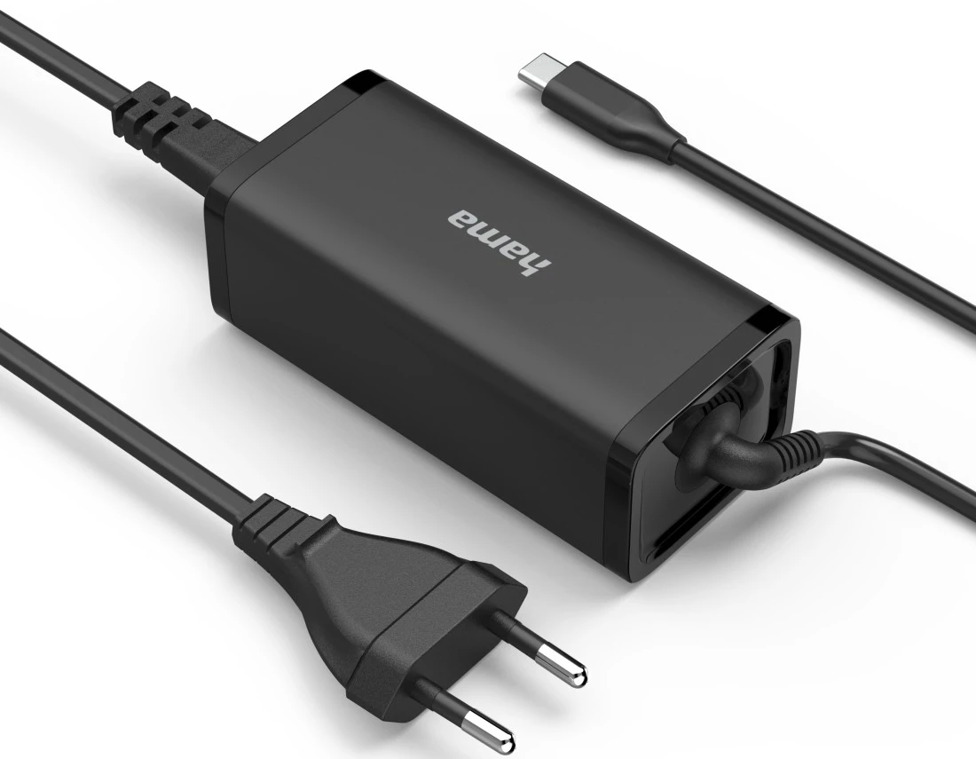 Chargeur d'ordinateur portable Hama noir avec trois câbles : USB-C, prise de courant et câble vers le chargeur. Fond blanc.