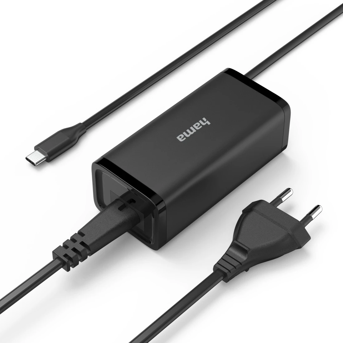 Chargeur Hama noir avec trois câbles: USB-C, câble d'alimentation et prise, sur fond blanc.