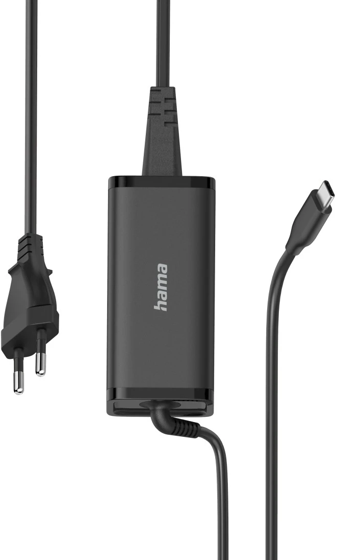 Chargeur Hama noir avec trois câbles : prise UE, adaptateur secteur et connecteur USB-C. Fond blanc.