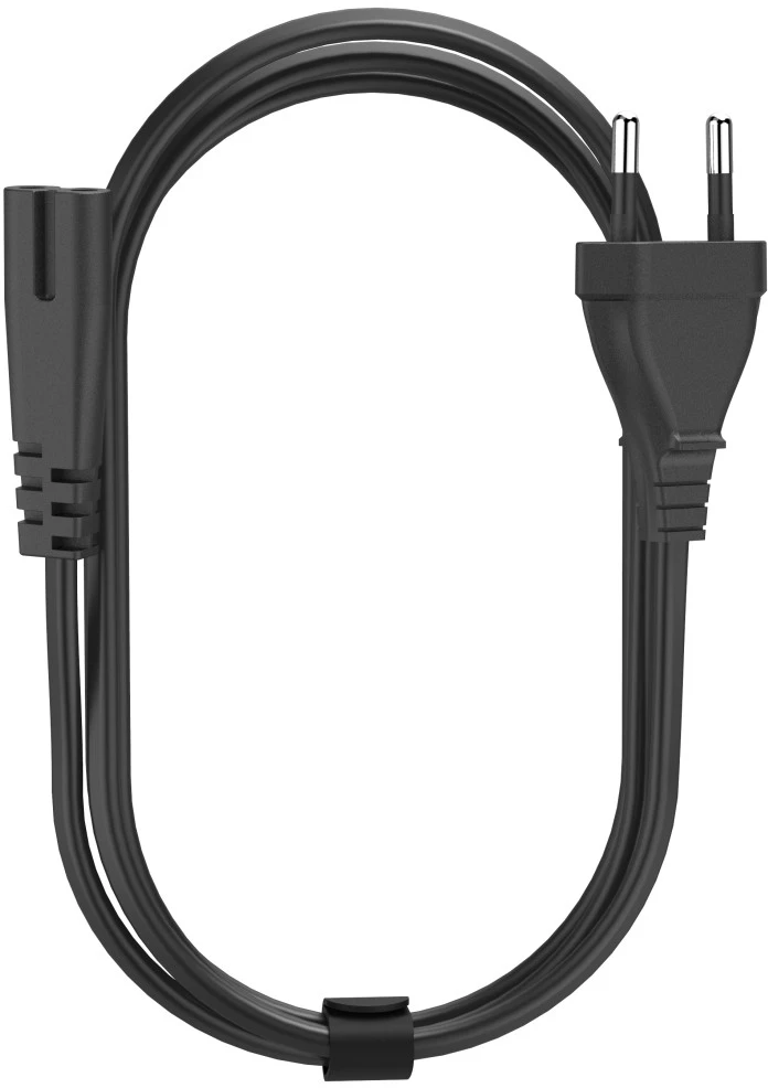 Un câble d'alimentation noir. Une extrémité a une prise à deux broches, l'autre un connecteur pour un appareil. Le câble est bouclé.