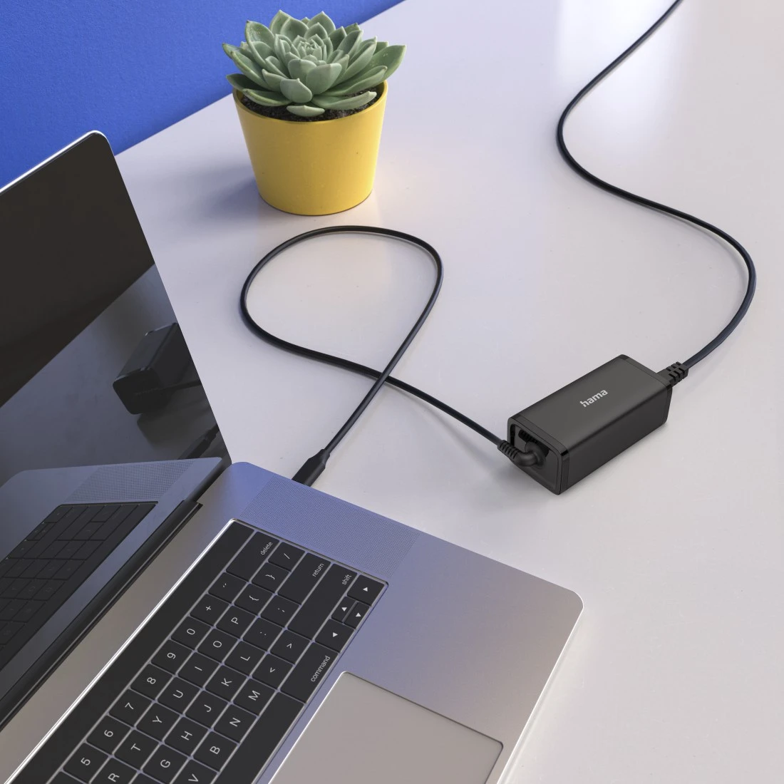 Ordinateur portable avec chargeur sur un bureau blanc, une plante dans un pot jaune et un mur bleu en arrière-plan.