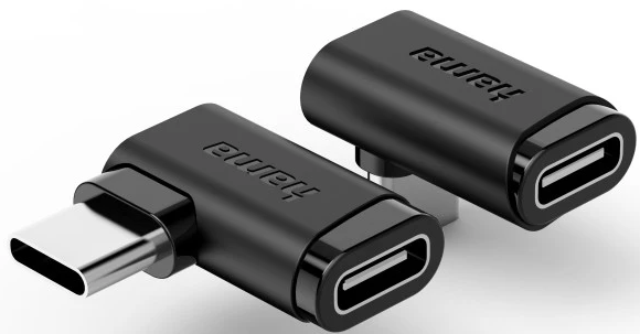 Due adattatori USB-C neri, uno angolato. Il logo Hama è visibile. Sono su sfondo bianco.