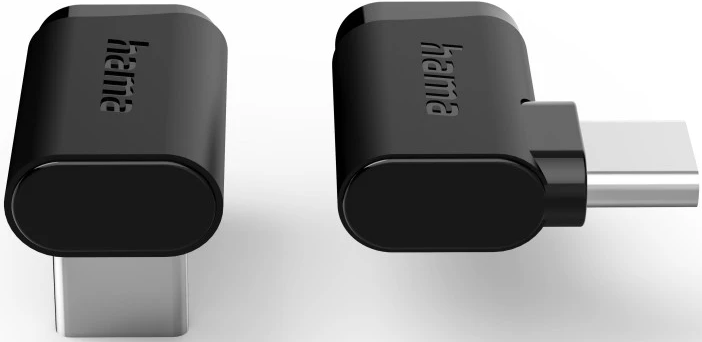 Due adattatori USB-C Hama neri. Uno dritto, uno angolato. Entrambi hanno connettori argentati. Lo sfondo è bianco.