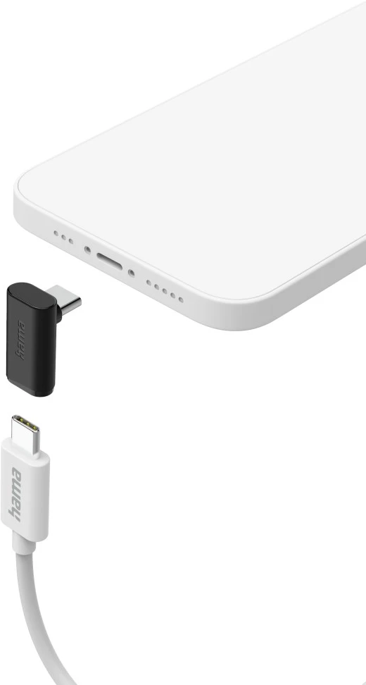 Telefono bianco con un adattatore nero e un cavo bianco. Sono tutti prodotti Hama. Il fondo del telefono ha dei fori.