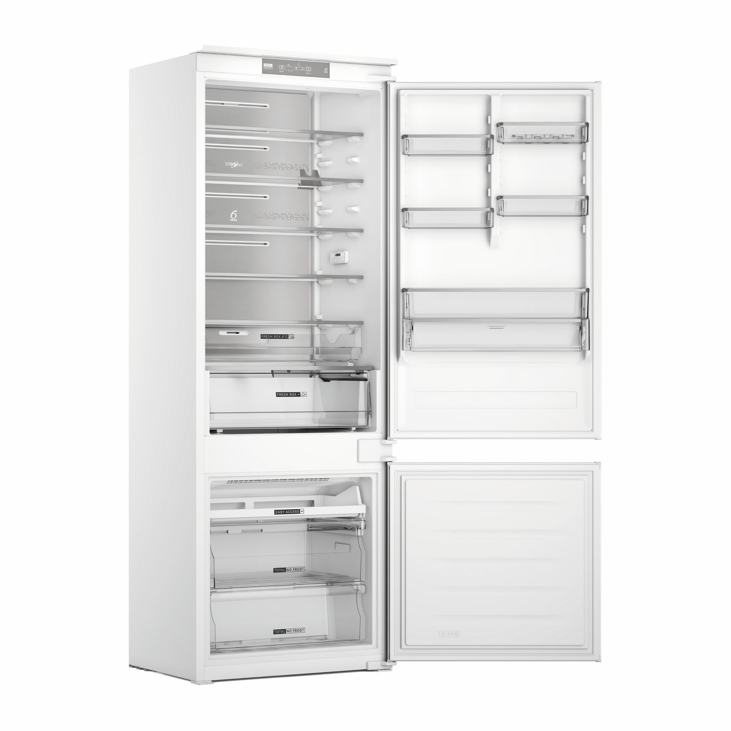Un refrigerador blanco abierto con múltiples estantes, cajones y compartimentos. Las puertas están abiertas, revelando el interior.